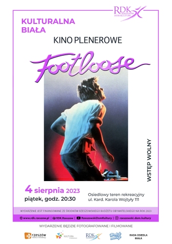 Grafika promująca kino plenerowe z seansem filmu "Footloose"