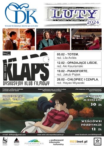 Plakat promujący pokazy filmowe w ramach dyskusyjnego klubu filmowego KLAPS