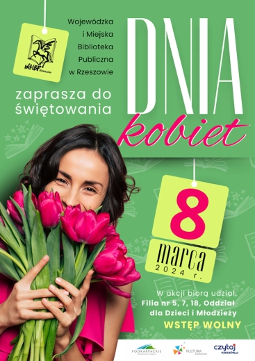 Plakat promujący wydarzenie dzień kobiet w bibliotece