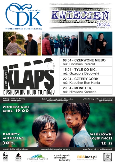 Plakat promujący kwietniowy repertuar DKF KLAPS