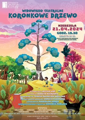 Plakat promujący spektakl przedstawia koronkowe drzewo i głównych bohaterów